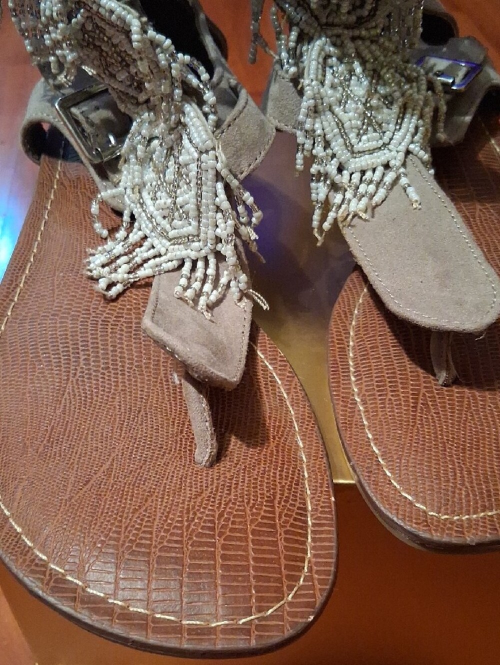 Beaded Taupe Gladiator Sandals - Women's Fashion Sandals - Picture 2 of 4